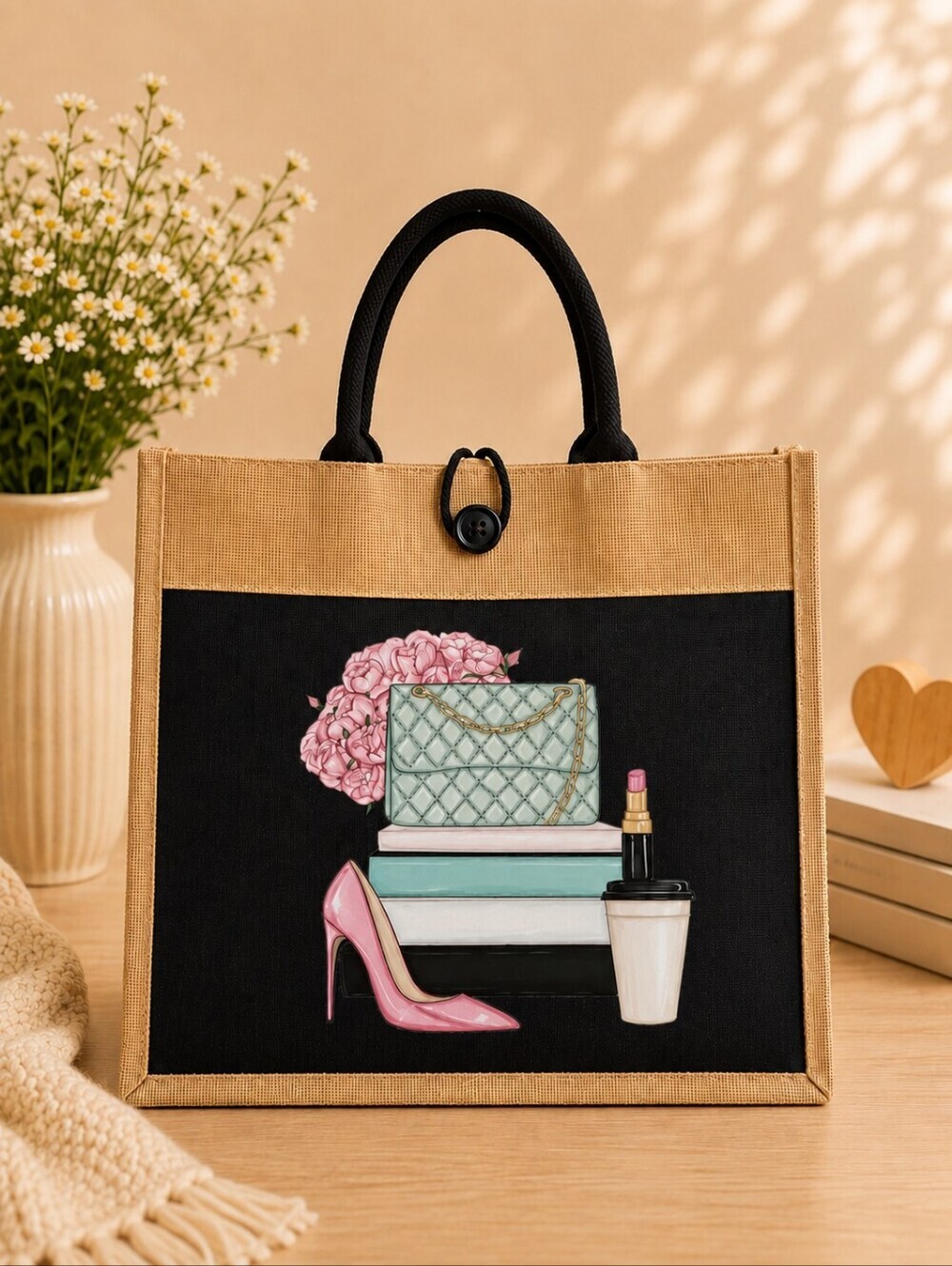 Boho Chic Fashion Jute Tote Bag – Black & Natural – Statement Graphic